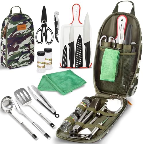 Wealers Camp Kitchen Cooking Utensil Set Travel Organizer Grill Accessories Portable Compact Gear for Backpacking BBQ Camping Hiking Travel Cookware Kit Water Resistant Case by Wealers