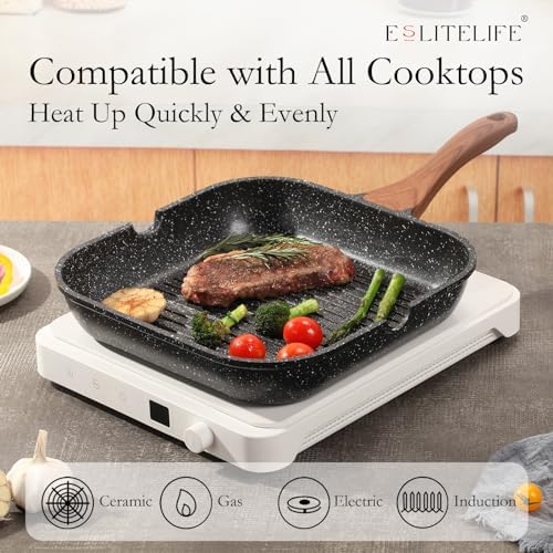 ESLITE LIFE Nonstick Grill Pan for Stove Tops, Versatile Griddle with Pour Spouts, 11 Inch Square Big Grilling Skillet Steak Pan for Indoor & Outdoor Cooking, PTFE & PFOA Free, Black - Image 4