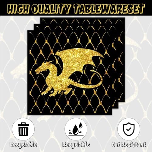 40Pc Gold Black Dragon Party Plates and Napkins for 20 Guests - Tableware Black and Gold Dragon Supplies for Fantasy Baby Shower Birthday Party Decorations - Image 4