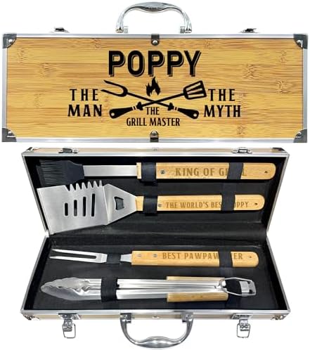Poppy Gifts from Grandkids Christmas, Heavy Duty Wooden BBQ Grilling Accessories Kit for Backyard, Poppy Thick Stainless Steel Grill Utensils with Non-Slip Handle Tools in Portable Bag Birthday by Taesun
