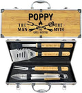 Poppy Gifts from Grandkids Christmas, Heavy Duty Wooden BBQ Grilling Accessories Kit for Backyard, Poppy Thick Stainless Steel Grill Utensils with Non-Slip Handle Tools in Portable Bag Birthday by Taesun