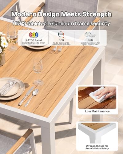 Outdoor Dining Table, Aluminum Patio Table Set, All Weather Patio Dining Furniture Set with Umbrella Hole for Backyard, Deck, Poolside (White-Teak) - Image 4