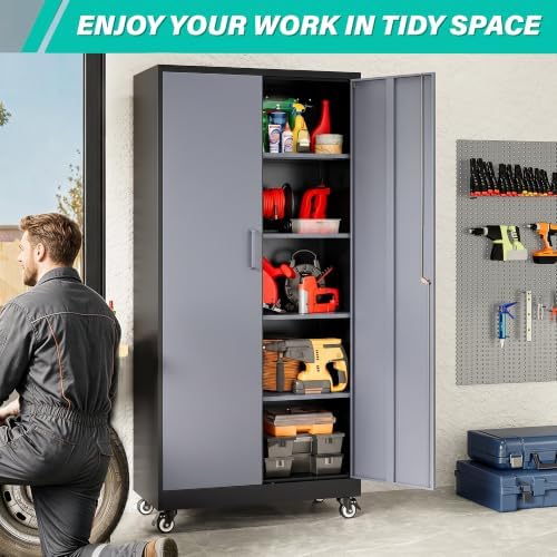 SISESOL 75" Tall Black Gray Metal Storage Cabinet with Wheels and Shelves - Image 4