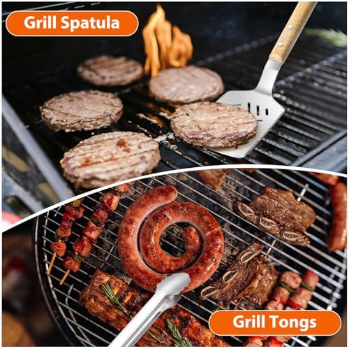 5 pcs Heavy-Duty Wooden BBQ Grilling Tools Set, Extra Thick Stainless Steel Multi-Functional Spatula, Fork, Tong, Oiling Brush & Cleaning Brush - an Excellent Barbecue Gift for Men - Image 6