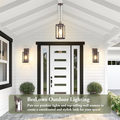 BesLowe Outdoor Pendant Light, Modern Hanging Lantern for Porch, Brown - Image 5