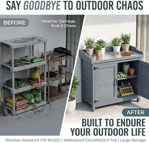 GDLF Outdoor Storage Cabinet with Work Bench, Garden Potting Table, Gray - Image 6