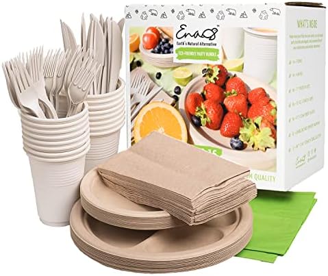Eco-friendly Camping Supplies [16 Dinnerware Set] for Picnic Basket & Party Supplies. Compostable Paper Plates, Napkins, Biodegradable Utensils, Cups, Green Tablecloths, by Earth's Natural Alternative by EarthsNaturalAlternative
