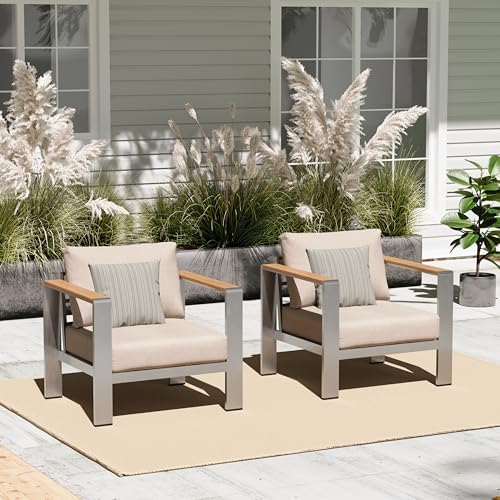 Aluminum Outdoor Patio Furniture Armchair, All-Weather Outdoor Patio Sofa with Washable Thick Cushion, Patio Sofa Couch Set of 2 for Porch, Balcony, Deck, Yard, Silver by Oasbira