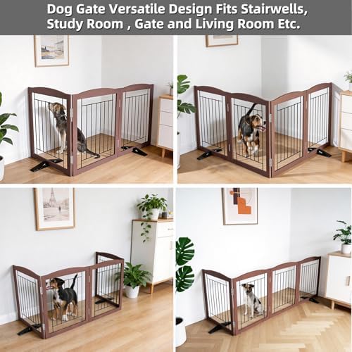 ZJSF Freestanding Dog Fence Indoor, Foldable Dog Gate for Doorways, Stairs or Hallways, Sturdy Wood Extra Wide Pet Gate with Support Feet for The House, Brown, 24 "Height-3 Panels - Image 4