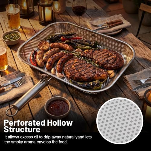 Stainless Steel Grill Pan with Removable Handle, 14.88" x 10.98" Meatl-perforated Holes Grill Pan for Outdoor Grilling, Square Deep Fryer Strainer Basket for Seafood, Vegetables & Meat, Grilling Pan for Charcoal and Gas Grills - Image 4