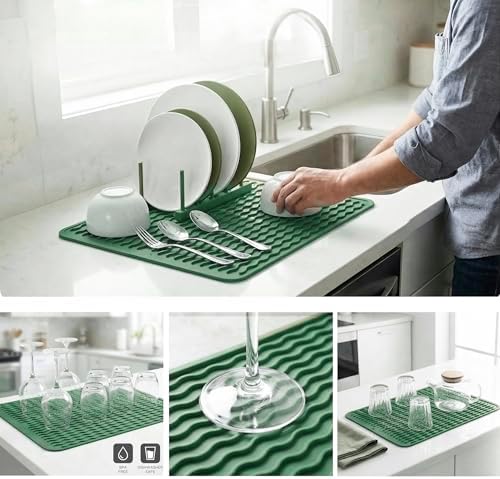 MicoYang Silicone Dish Drying Mat — Quick-Dry Ridges Counter & Sink Pad, Heat-Resistant Trivet to 450°F, Non-Slip & Dishwasher Safe, Roll-Up Storage, 18 Colors & 9 Sizes (Green, 16"×12") - Image 4