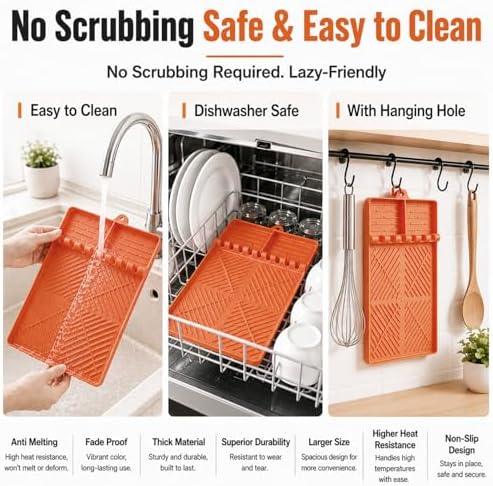 Silicone Grill Mat for Blackstone Griddle, 16x11.5 Extra-Thick Non-Slip Spatula Holder Mat with Grease Drip Pad, Heat Resistant BBQ Utensil Organizer for Side Shelf, Ideal Gifts for Men (Orange) - Image 3