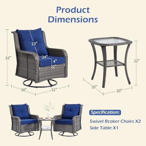Wumiokio Patio Furniture Sets, 3 Pieces Wicker Outdoor Furniture - 360 Degree Swivel Rocking Chairs and Rattan Side Table for Garden,Porch,Backyard (Grey Wicker/Blue Cushion, 3PCS - Swivel Chairs) - Image 3