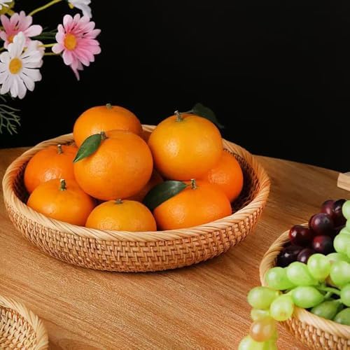 RT&BS Round Rattan Bread Basket, Rattan Fruit Basket, Rattan Decorative Tray, Rattan Keys Tray, Handwoven Storage Baskets for Kitchen, Dining Room, Store, Restaurant, Bathroom (L) - Image 3