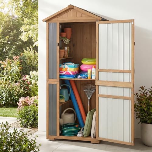 4-Tier Metal & Wood Outdoor Storage Cabinet with Reinforced Frame, Weatherproof Asphalt Roof, Adjustable Shelves, Lockable Doors for Patio, Garden, Garage Organization - Image 2