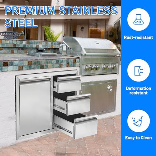 Outdoor Kitchen Drawer Combo, Stainless Steel Triple Drawer Cabinet with Built-in Trash Drawer & Two Trash Cans, 28" W x 22" H x 19.5" D Outdoor Kitchen Storage for BBQ Grill Islands - Image 4