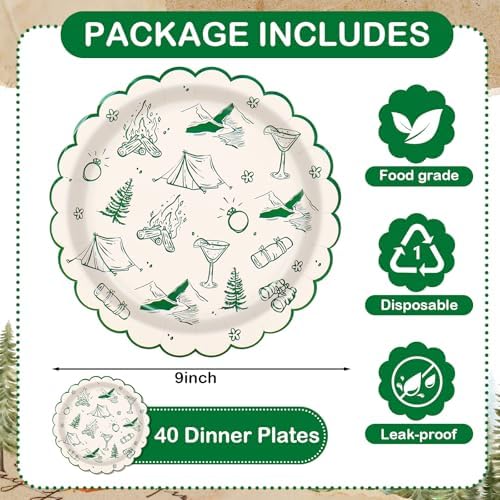JarThenaAMCS 40Pcs Camp Bachelorette Party Paper Plates Summer Camping Theme Scalloped Disposable Plate Green Dessert Salad Plate for Wedding Bridal Shower Birthday Party Decor, 9 Inch - Image 2