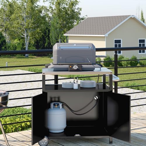 Outdoor Grill Cart with Storage Cabinet Stainless Steel Prep Stand with Storage Cabinet and Wheels Movable Whole Portable Table Outdoor Rolling Prep Station Kitchen Island Pizza Oven Table for Garden - Image 5