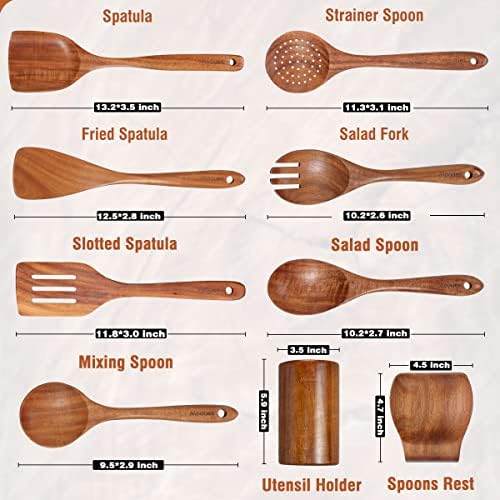 Mooues Wooden Kitchen Utensil Set, 9 Piece Natural Teak with Spoon Rest - Image 2