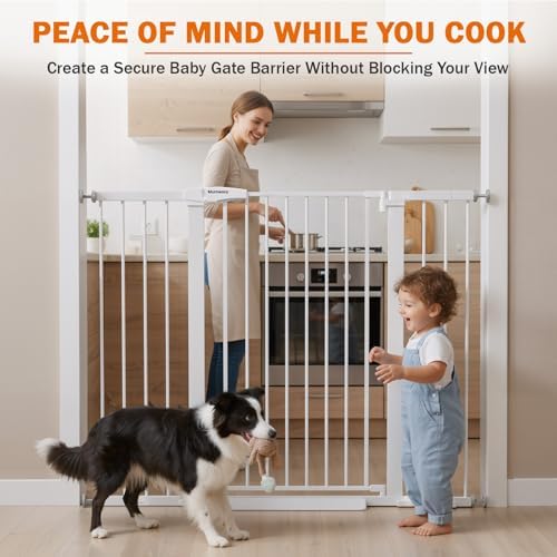 Mumeasy 36" Extra Tall Baby Gate for Stairs, 29.7-51" Wide Dog Gates Indoor for Doorways with Easy Walk Thru, Auto Close Pet Safety Gate for House, Pressure Mounted Metal Child Gate with Door, White - Image 6