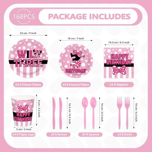 168Pcs Pink Mouse 3rd Birthday Decorations, Serves 24 - Image 2