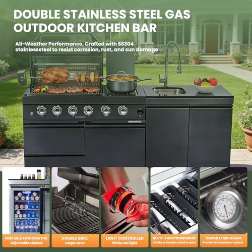 79" Rolling Outdoor Kitchen Island with Built-In 4-Burner 72,000 BTU Stainless Steel Propane Grill & Rotisserie Oven, Featuring Granite Countertops and Stainless Steel Sink.(Black + Sink, Propane Gas) - Image 6