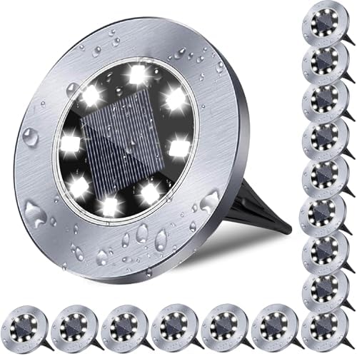 4.6 Inch Diameter Solar Ground Lights, Waterproof Solar Garden Lights, Outdoor Garden Waterproof Bright in-Ground Light, Landscape Lighting for Pathway,Yard,Lawn,Patio,Walkway (16 Pack White Light) by Rayolon