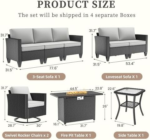UDPATIO Patio Furniture Set with Fire Pit Table and Swivel Rocking Chairs, 6 Pieces Outdoor Wicker Furniture Set with Waterproof Cover, 4'' Thickened Cushion, Light Grey - Image 2