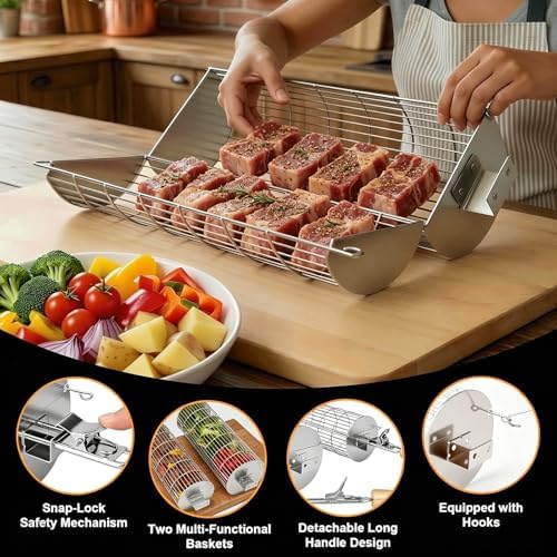 TNTOR Rolling Grill Basket, Larger 304 Stainless Steel Nesting Grilling Net, Removable Handle, BBQ Accessories Tools for Veg Shrimp, Outdoor Cooking Camping Father's Day grilling gifts for men Dad - Image 4