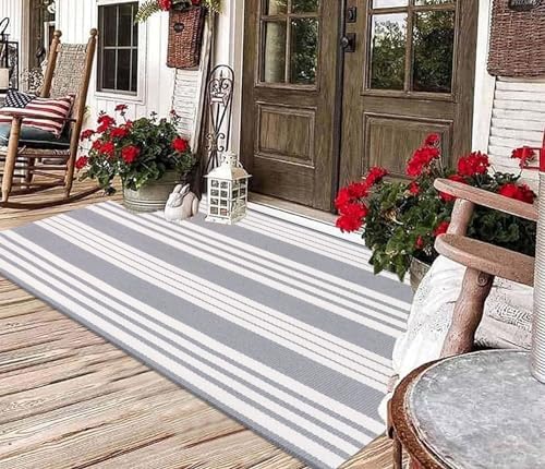 Grey and White Outdoor Rug 3'x 5'Cotton Washable Front Porch Mat Area Rug - Image 5