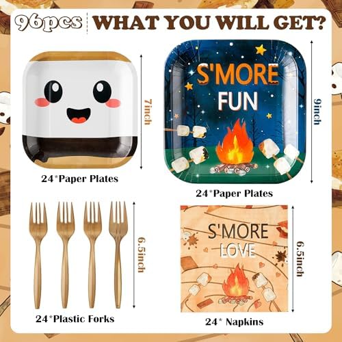 S’Mores Camping Party Tablecloths and Tableware Set - Serves 24-99Pcs S’More Love Fun Campfire Disposable Table Covers Plates Napkins Forks Birthday Party Decorations Baby Shower Supplies - Image 2