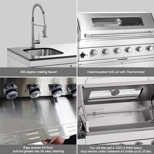 Outdoor Kitchen Island, 82 Inch 6 Burner Propane Gas Grill Combination With Refrigerator and Sink, Outdoor Stainless Steel Barbecue Bar, Propane Grill, 85000 BTU - Image 4