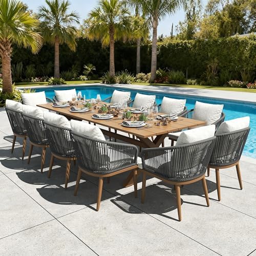 LayinSun 13 Pieces Outdoor Patio Dining Set, Aluminium Rectangular Dining Table and Wicker Rattan Chairs Set for Outside Backyard, Poolside by LayinSun