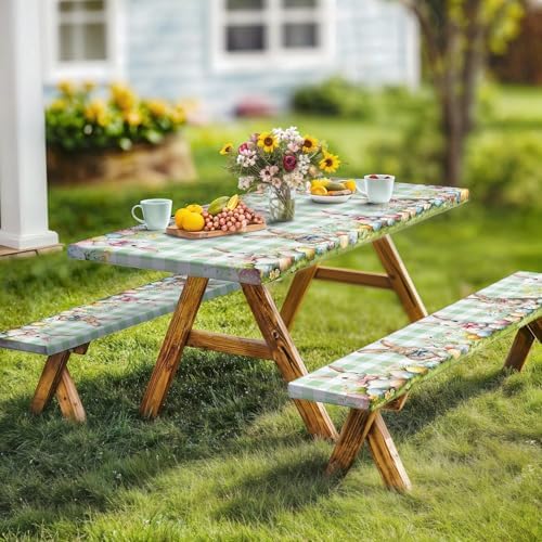 Easter Picnic Table Cover with Bench Covers, Camping Essentials, Easter Buffalo Plaid Rabbit Eggs Flower Outdoor Table Covers, Waterproof, Fitted Tablecloth Cover with Elastic Edge, 3 PCS, 30x60 Inch - Image 2