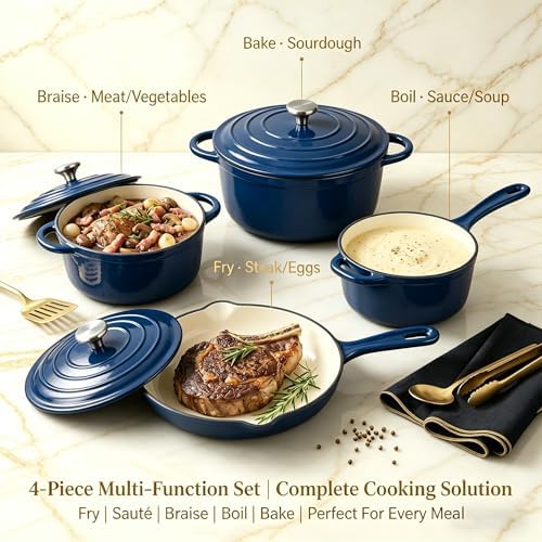 QuliMetal Enameled Cast Iron Cookware Set, 4-Piece Pots and Pans Set with Lids, 10.25" Skillet, 2QT Saucepan, 2.8QT & 4.8QT Dutch Ovens, Oven Safe to 500°F, All Stovetops Compatible - Navy Blue - Image 6