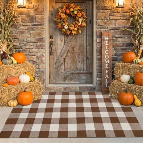 SEEKSEE Fall Decor Buffalo Plaid Outdoor Rug 3' x 5' Coffee and White Front Door Mat, Layering Rug for Porch, Fall Doormat, Front Porch Rug for Outdoor Entrance Entryway Patio Porch Decor by SEEKSEE