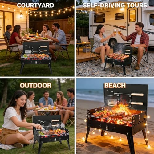 Mini Portable Charcoal Grill, Foldable Camping Mini Grill for Outdoor Cooking, Compact Design Barbecue Accessories with Barbecue Tools, Perfect for Beach, Backyard, Picnics - Image 6