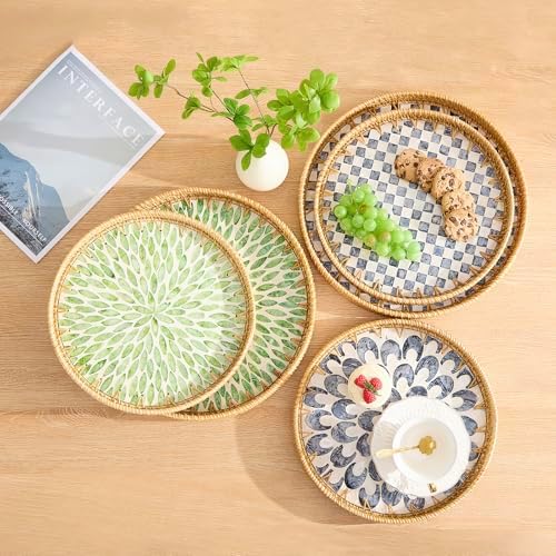 Round Rattan Tray with Mother of Pearl Inlay, Rattan Serving Tray with Wooden Base, Decorative Wicker Basket for Table Decor, Storage and Display of Coffee Bread Food Fruit (Checkerboard 13.5") - Image 5