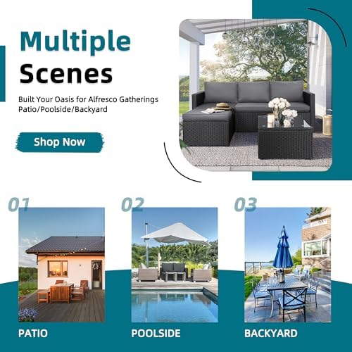 SUNLEI Patio Furniture Set with Detachable Soft Cushions, Outdoor PE Rattan Patio Conversation Sofa Set, 3-Piece Patio Sectional Sofa with Glass Coffee Table (Black Rattan&Charcoal) - Image 6