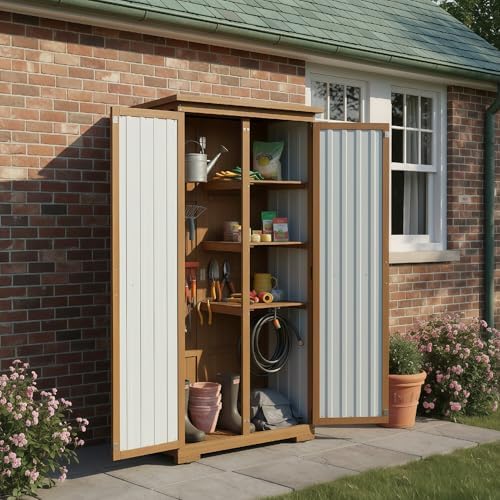 Outdoor Storage Cabinet, Wood & Metal Storage Shed with Weather-Resistant Roof, Removable Shelves, Lockable Doors, Outside Storage Tool Organizer for Garden, Patio, Backyard, Garage, Pool - Image 6