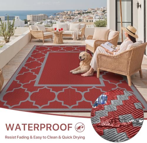 GENIMO Outdoor Rug, Waterproof Plastic Rugs for Patio, 8'x10' Red Grey - Image 6