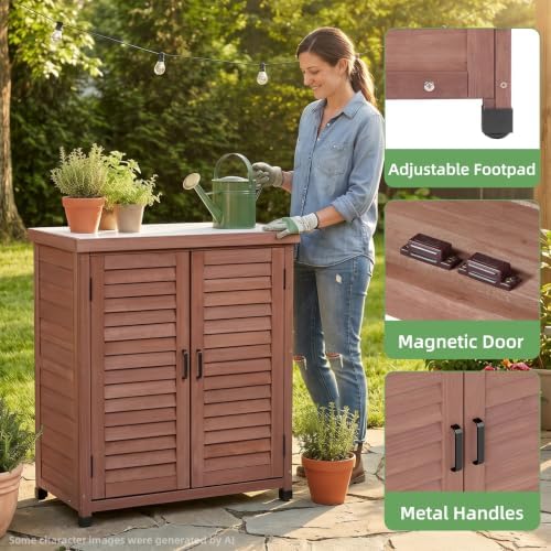 Outdoor Storage Cabinet with Metal Tabletop, Cedar Wood Garden Workstation - Image 6