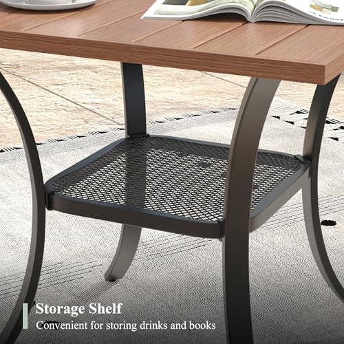 Outdoor Dining Table with Storage Shelf, 27.5" All-Weather Square Patio Dining Table for 2, Metal Patio Table for Garden Lawn Porch Deck Yard, Walnut - Image 4