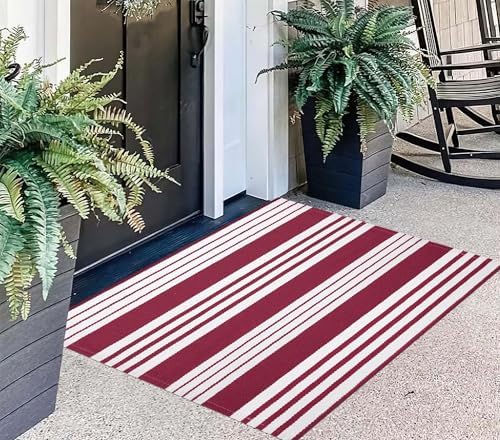 Red and White Striped Outdoor Rug 24"x35"Cotton Washable Door Mat Outdoor - Image 6