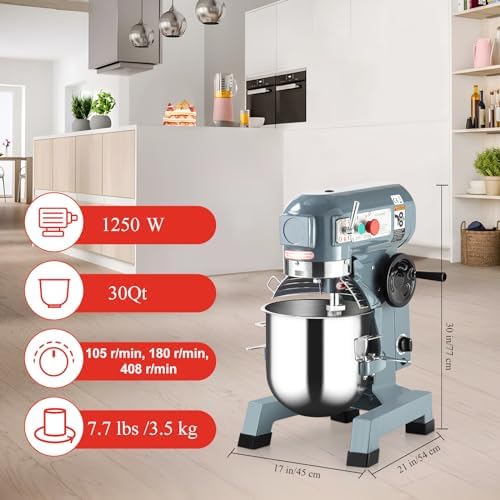 Towallmark Commercial Food Mixer 30Qt with Timing Function, 1250W 3 Speeds Adjustable, Stainless Steel Bowl Stand Mixer With Safety Guard, Premium for Schools Bakeries Restaurants Pizzerias - Image 3