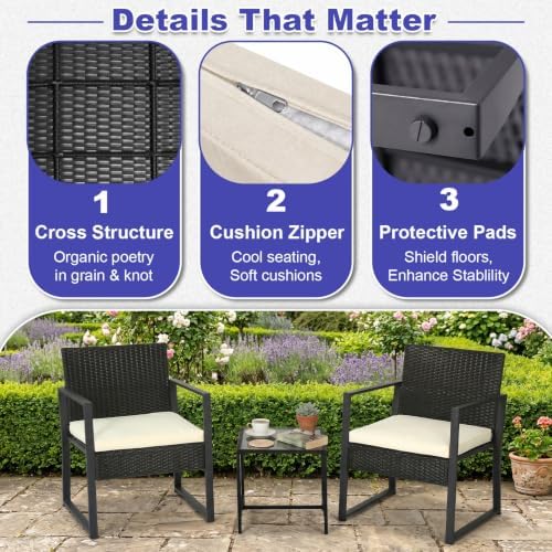 FDW | 3-Piece Patio Furniture Set | Khaki |Outdoor Wicker Furniture with Coffee Table | Modern Rattan Chairs Conversation Set | Outdoor Seating | Weather-Resistant | for Porch, Garden, Lawn - Image 4