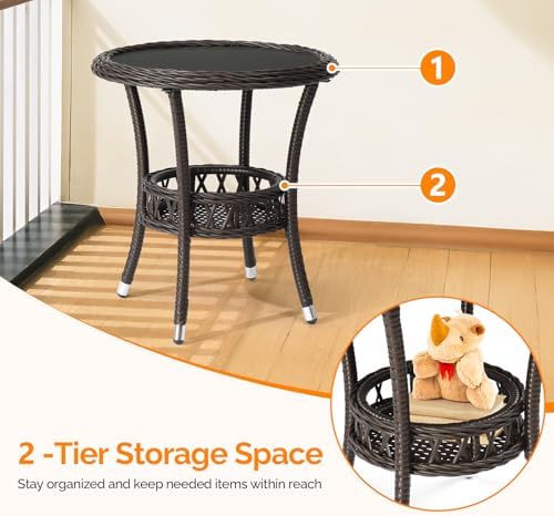 VINGLI Outdoor Wicker Side Table, Patio Side Tables for Outside Tempered Glass Top Wicker Table with Storage End Table for Balcony Porch Deck (Dark Brown) - Image 4