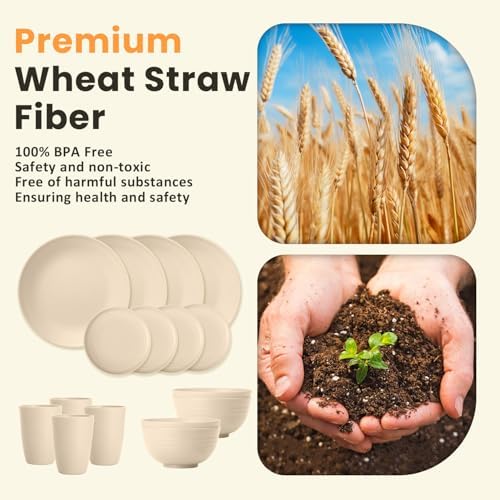 Homienly Premium Wheat Straw Dinnerware Sets, Lightweight & Unbreakable Plates and Bowls Sets,Cups,Service for 4,Dishwasher and Microwave Safe 16 PCS Dish Sets for Home，Camping- Beige - Image 3