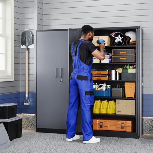 Yizosh Metal Garage Storage Cabinet with 2 Doors and 5 Adjustable Shelves - 71" Steel Lockable File Cabinet,Locking Tool Cabinets for Office,Home,Garage,Gym,School (Gray Black) - Image 2