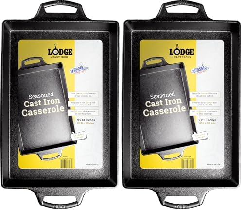 Lodge Seasoned Cast Iron Casserole Pan - 9 Inches x 13 inches - Heavy-Duty, Durable Seasoned Baking Dish - Classic Cast Iron Casserole Dish for Everyday Cooking (Pack of 2) by Lodge